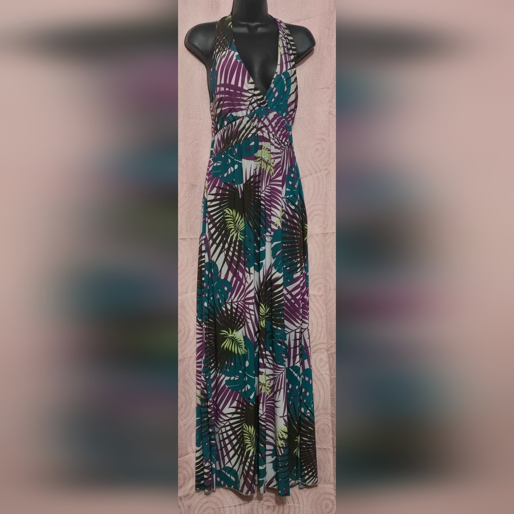 Attention Women’s M Tropical Leaf Maxi Dress  Neck Halter USA